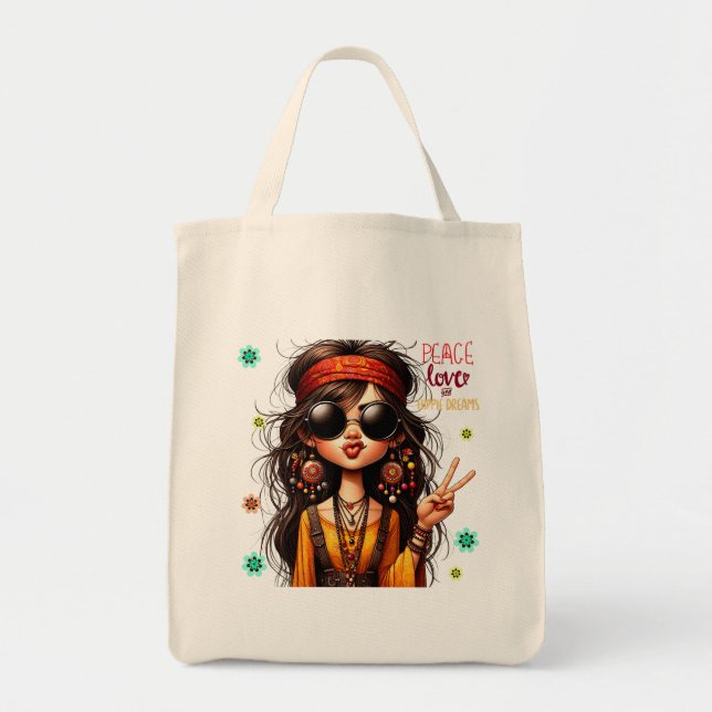 Quirky Hippie Lady Peace Tote Bag Tragetasche (Vorne)