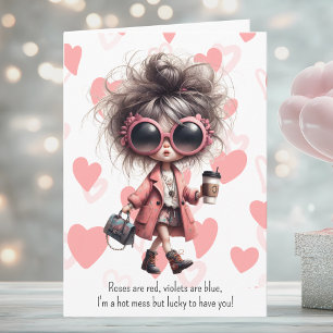 Quirky Hot Mess Girl Rosa Herzen Valentinstag Feiertagskarte