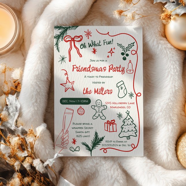 Quirky Illustrated Red Green Friendsmas Christmas Einladung (Quirky Illustrated Red Green Friendsmas Christmas Invitation)