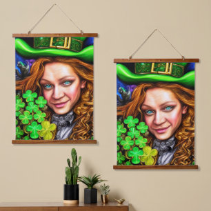 Quirky Irish Colorful St Patrick's Day Leprechaun Wandteppich Mit Holzrahmen