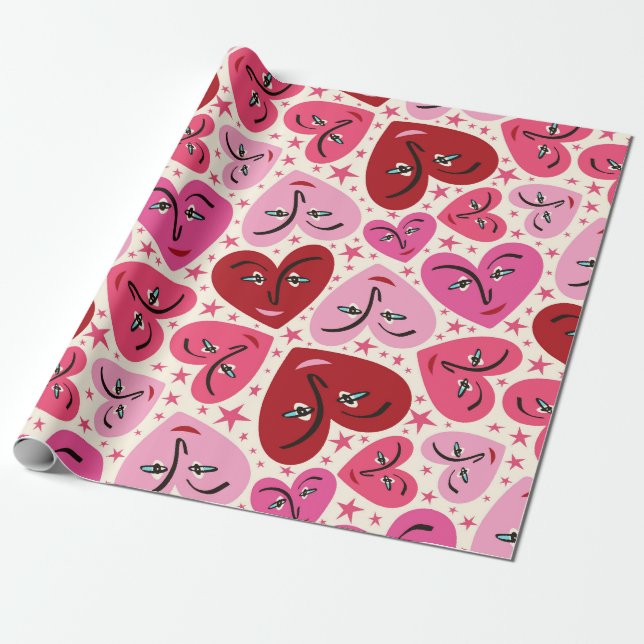 Quirky lächelnd Herz Valentine Geschenkpapier (Ungerollt)