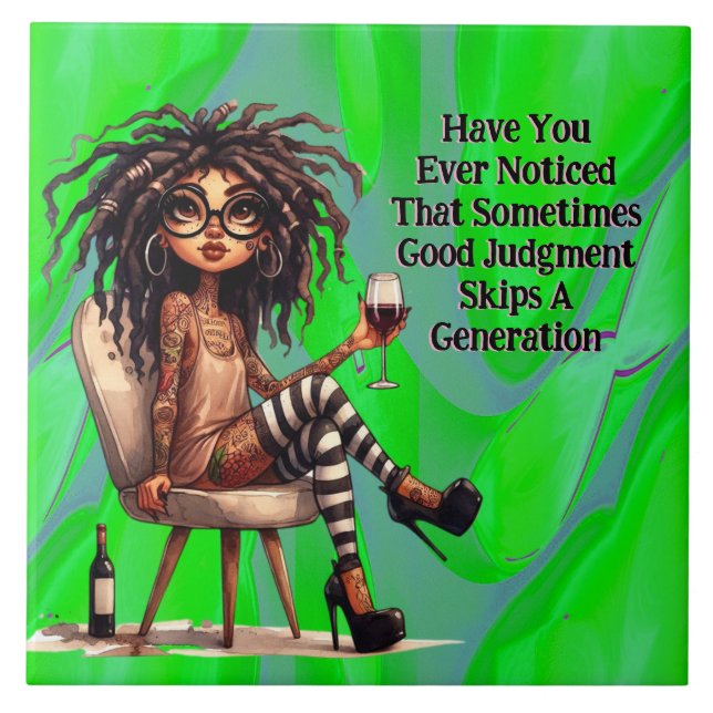 Quirky Lady Tattoo & Wine Judge Keramik Tile Fliese (Vorderseite)