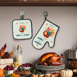 Quirky Light Green Watercolor Türkei Erntedank Ofenhandschuh & Topflappen-Set