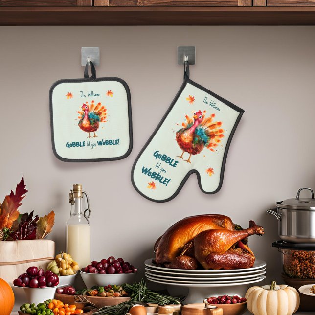 Quirky Light Green Watercolor Türkei Erntedank Ofenhandschuh & Topflappen-Set (light green oven mitt set with a watercolor turkey and "Gobble til you Wobble")