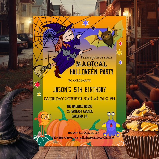 Quirky Niedlich Hexenkind Halloween-Party Einladun Einladung (A magical Halloween party invitation featuring a witch with her frightened kitty flying on her broom)