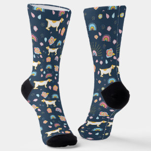 Quirky Niedlich Hund und Regenbogenmuster Blau Socken
