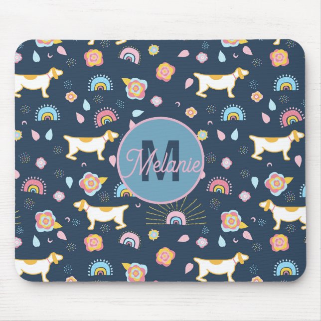 Quirky Niedlich Hunde Regenbogenmuster Blau Person Mousepad (Vorne)