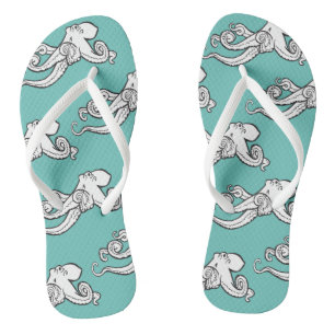 Quirky Octopus Sketches Muster Aquamarin Flip Flops