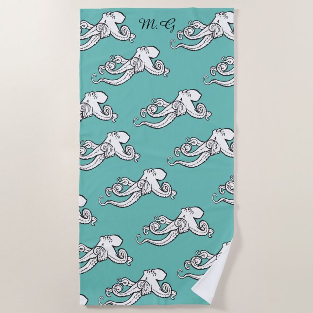 Quirky Octopus Sketches Muster Aquamarin Mit Monog Strandtuch (Vorderseite)