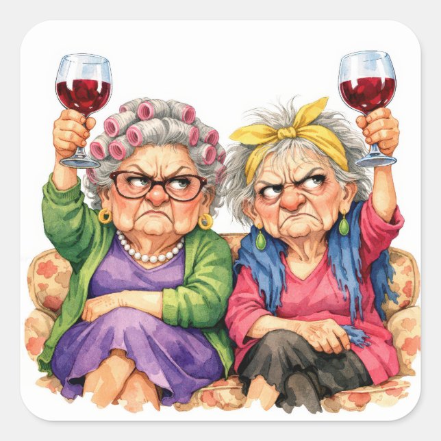 Quirky Old Ladies with Red Wine Quadratischer Aufkleber (Vorderseite)