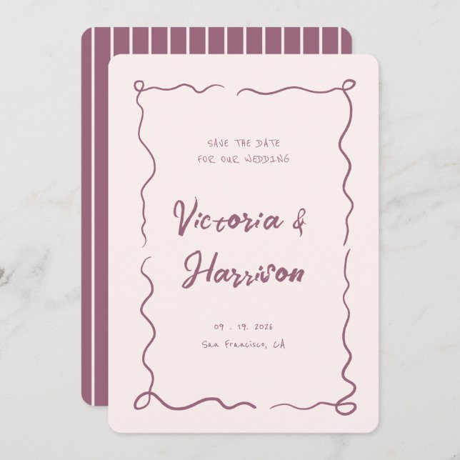 Quirky Pink Hand gezogen Wavy Squiggle Border Save The Date (Vorne/Hinten)