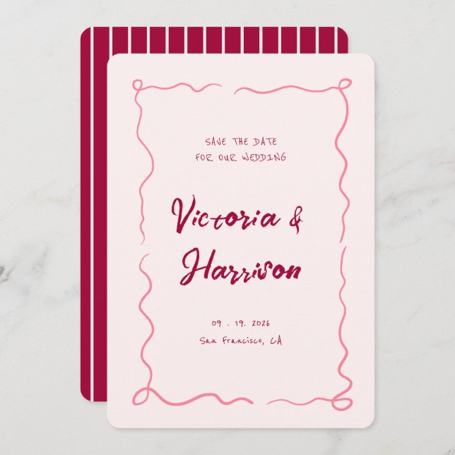 Quirky Pink Hand gezogen Wavy Squiggle Border Save The Date (Vorne/Hinten)