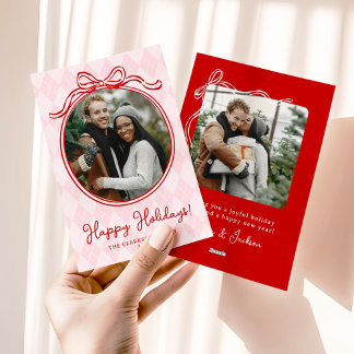 Quirky Pink & Red Whimsical Bow Happy Holidays Feiertagskarte