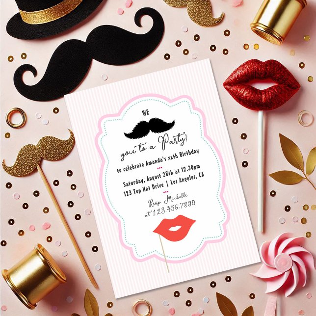 Quirky Pink Retro Mustache Party Einladung (Quirky Pink Retro Mustache Party Invitation)