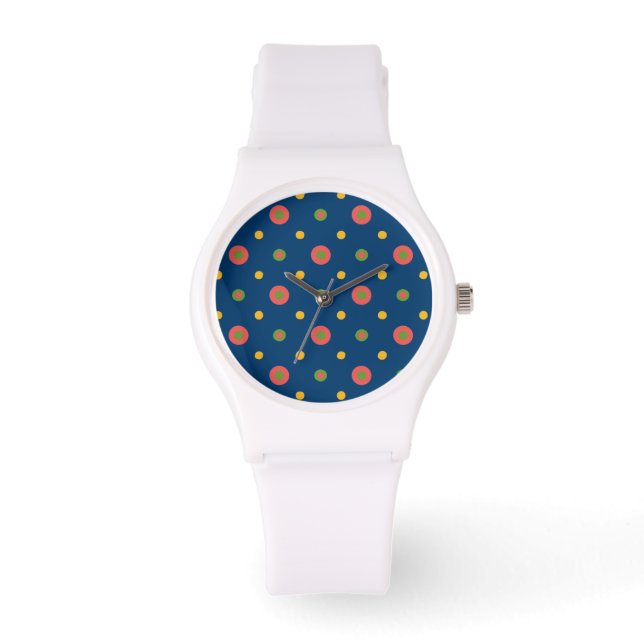 Quirky Polka Dots on Navy Blue Sporty Wristwatch Armbanduhr (Vorderseite)