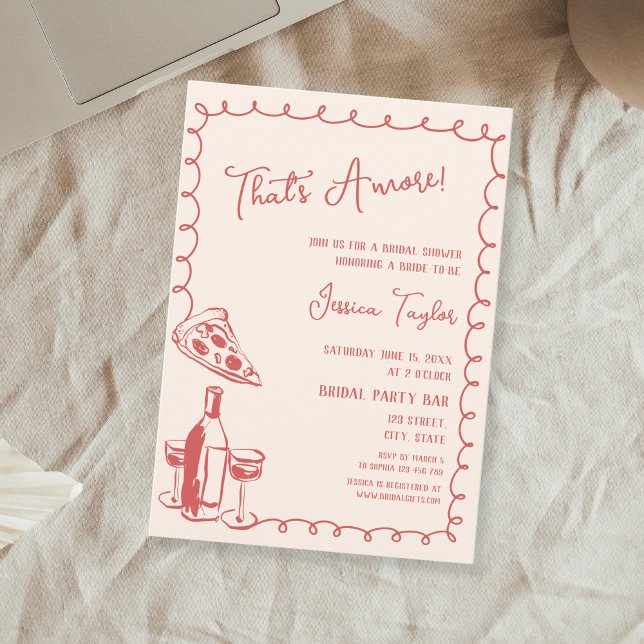 Quirky Red Hand Drawn Bridal Brunch das noch mehr  Einladung (red hand drawn wine bottle and pizza slice bridal shower invitation)