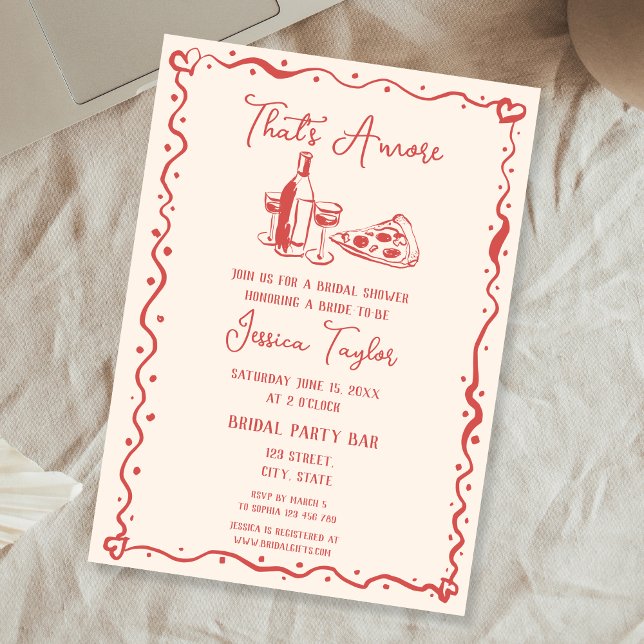 Quirky Red Hand Drawn Bridal Brunch das noch mehr  Einladung (red hand drawn wine bottle and pizza slice bridal shower invitation)