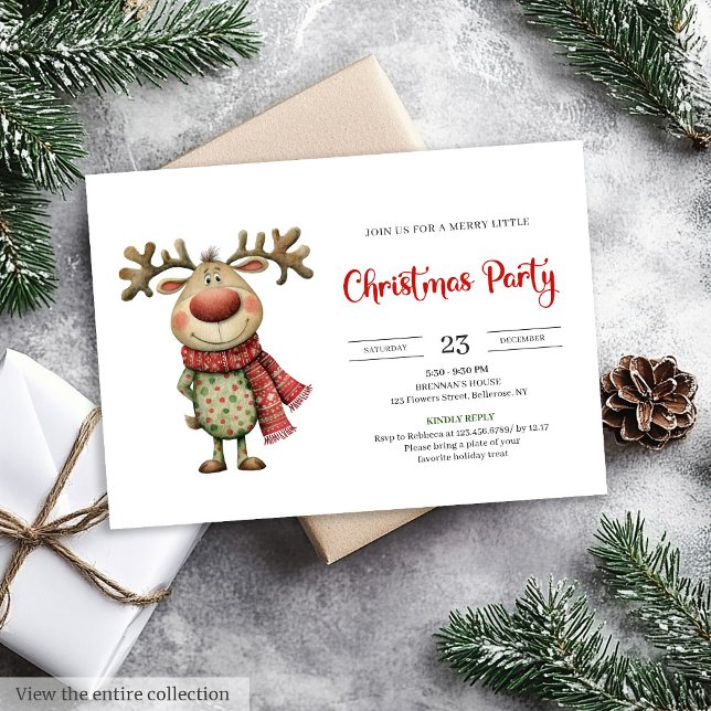 Quirky Reindeer Modern Red Green Celebration  Einladung (Quirky Reindeer Modern Red Green Celebration Invitation

)