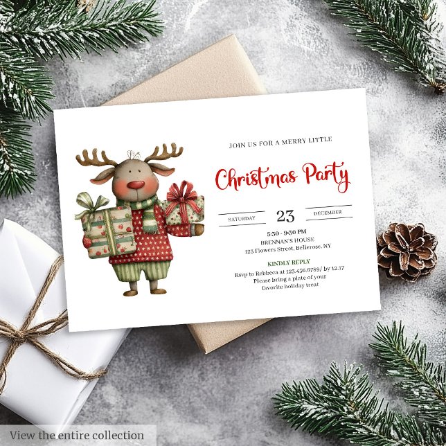 Quirky Reindeer watercolor festive holiday invite Einladung (Quirky Reindeer watercolor festive holiday invite)