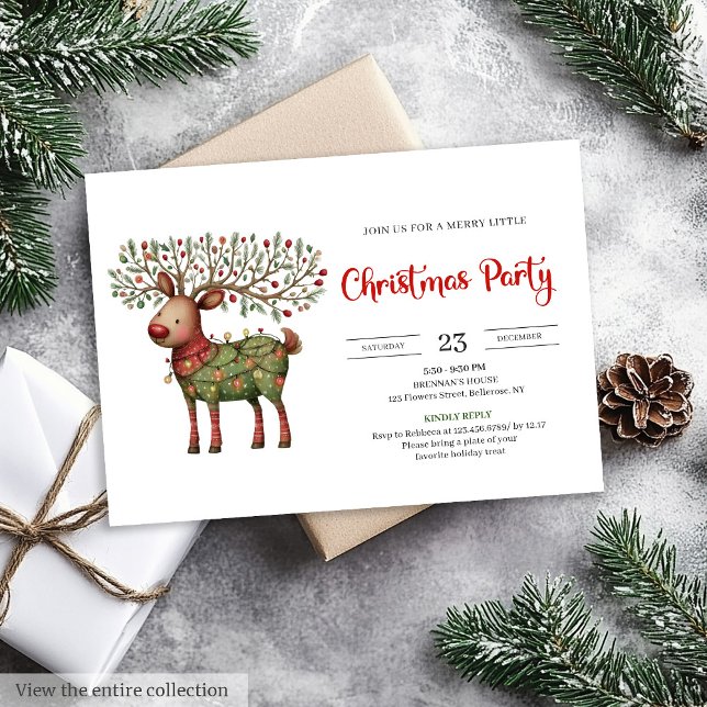 Quirky Reindeer watercolor red green Christmas  Einladung (Quirky Reindeer watercolor red green Christmas invite)