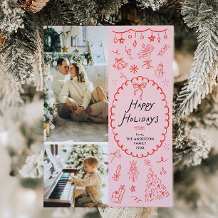 Quirky Rosa Rote Hand Drawn Happy Holidays 2 Foto Feiertagskarte