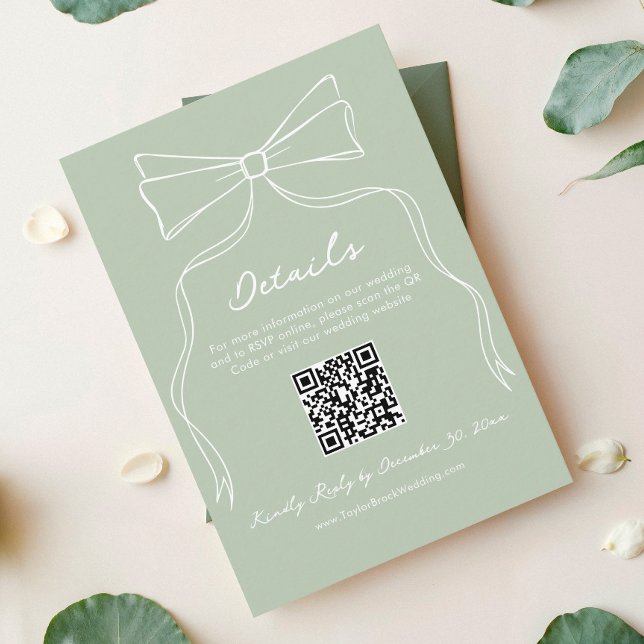 Quirky Sage Green Wedding RSVP QR Code Details Begleitkarte (Von Creator hochgeladen)