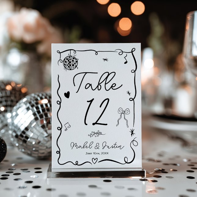Quirky, Schwarz-weiß, schwarz, lässig Tischnummer (Quirky Black white whimsical black casual Wedding Table Number)