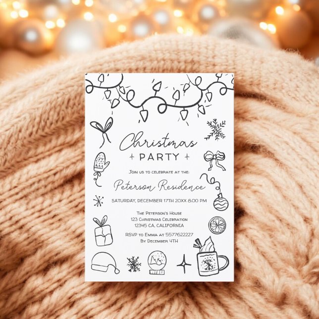 Quirky-Schwarz-weiße Illustration Einladung (Quirky black white illustration modern Christmas Invitation)