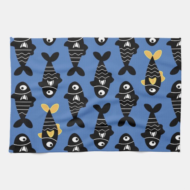Quirky Seamless Black Fish Pattern Küchentücher (Horizontal)