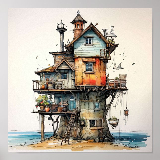 Quirky Seaside Shopping Art Poster (Vorne)