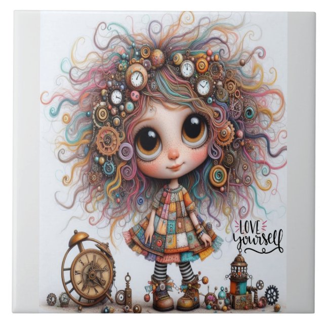 Quirky Steampunk Girl Liebe Keramik Tile Fliese (Vorderseite)
