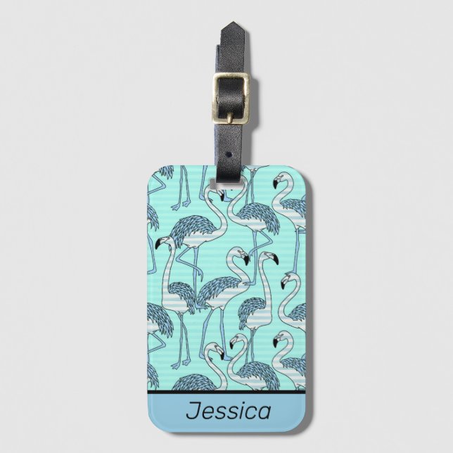 Quirky Striped Türkis Flamingos Muster Gepäckanhänger (Vorderseite Vertikal)