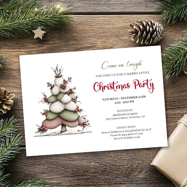 Quirky tree red green holiday party printable card einladung (Quirky tree red green holiday party printable card)