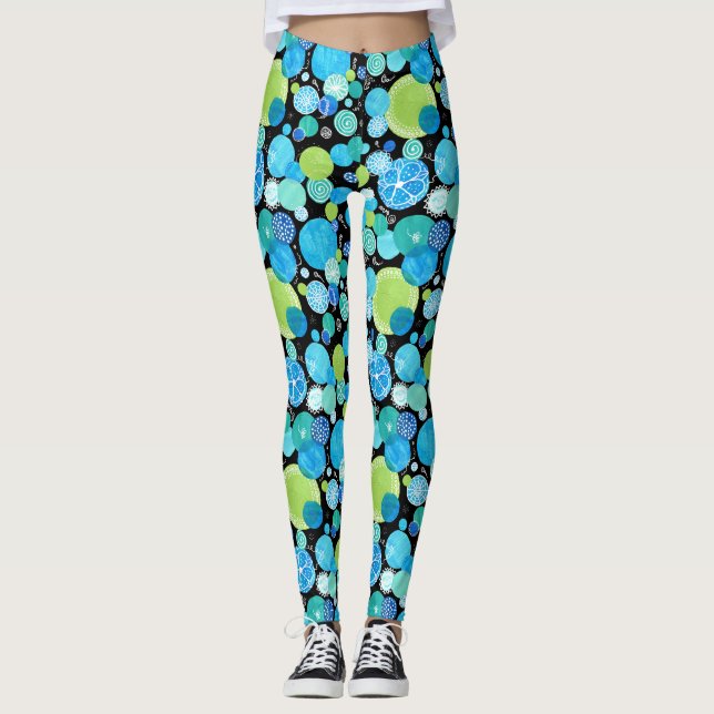 Quirky Türkise Blue Neon Green Emerald auf Black Leggings (Vorderseite)