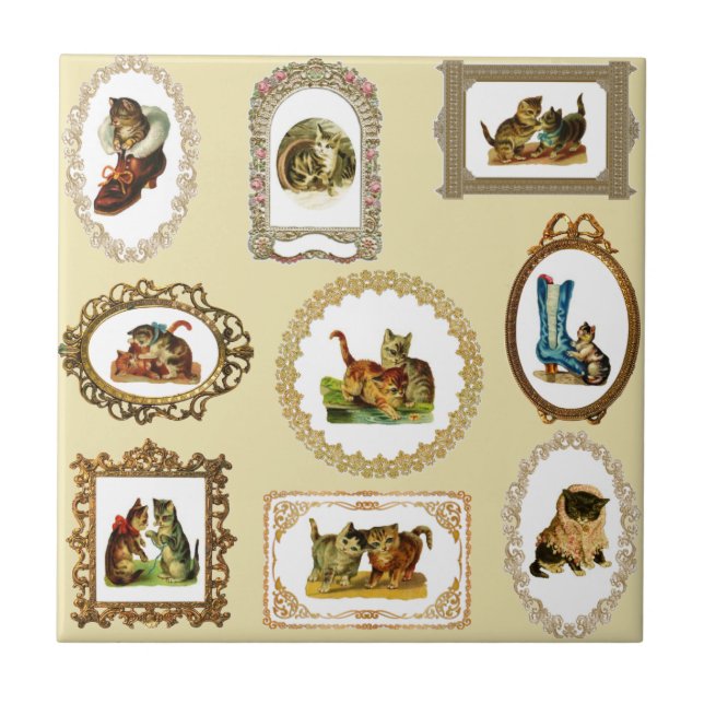 Quirky Vintag Gerahmt Cats Muster Fliese (Vorderseite)