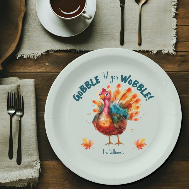 Quirky Watercolor Türkei Erntedank Pappteller (Gobble til you Wobble paper plate for thanksgiving or friendsgiving)