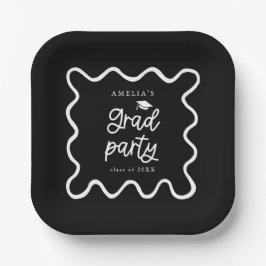 Quirky Wavy Line Black Grad Party Pappteller