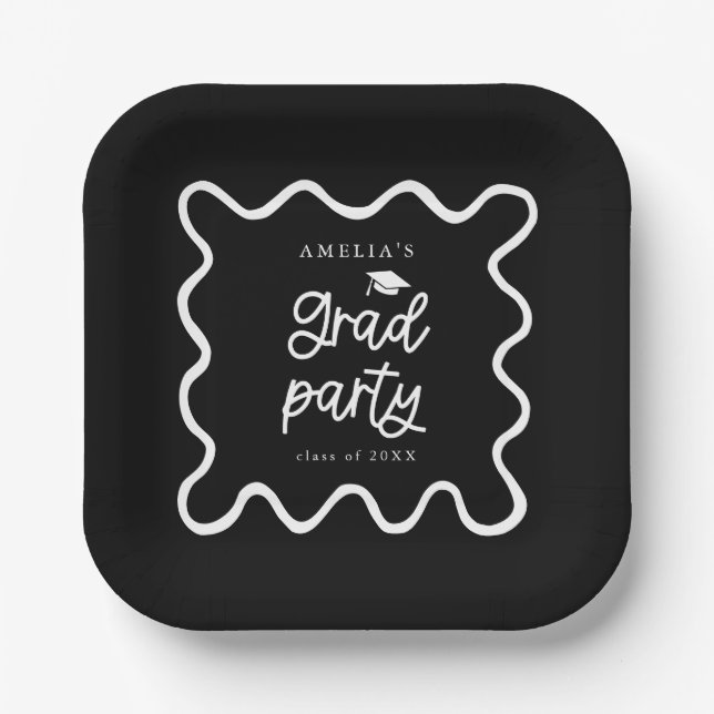 Quirky Wavy Line Black Grad Party Pappteller (Vorderseite)