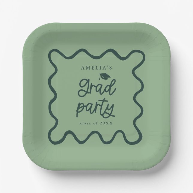 Quirky Wavy Line Green Grad Party Pappteller (Vorderseite)