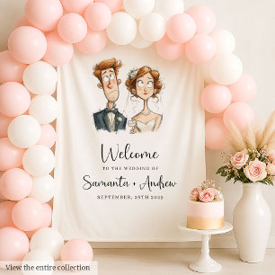 Quirky Wedding Tapestry Watercolor Newlyweds Party Wandteppich