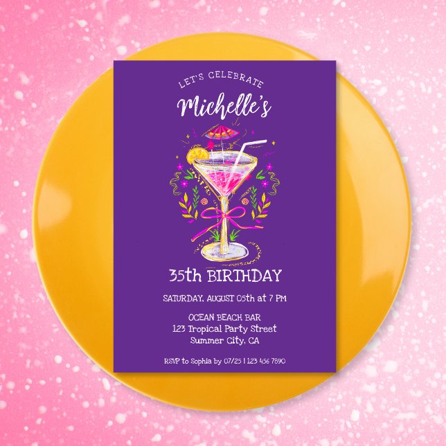 Quirky Whimsical Adult Cocktail Geburtstagsparty Einladung (whimsical colorful glitter cocktail birthday party invitation)
