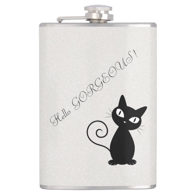Quirky Whimsical Black Cat Glittery Hello Gorgeous Flachmann (Vorderseite)