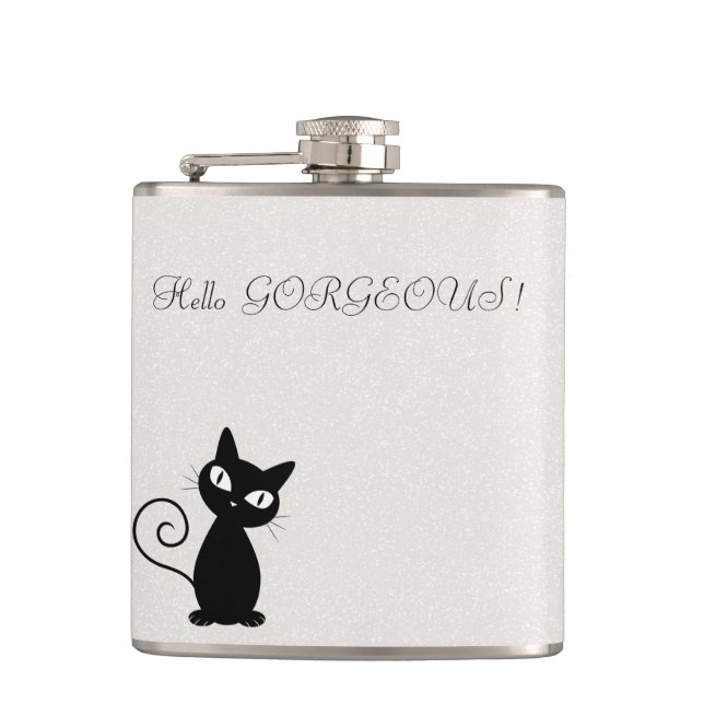 Quirky Whimsical Black Cat Glittery Hello Gorgeous Flachmann (Vorderseite)