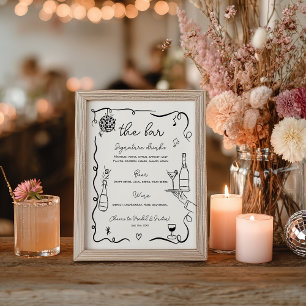Quirky whimsical Black Hand Drawn Wedding Bar Poster