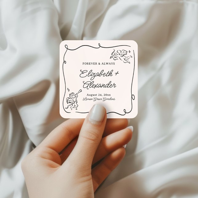 Quirky & Whimsical Cupid Cherubs Wedding Quadratischer Aufkleber (Von Creator hochgeladen)