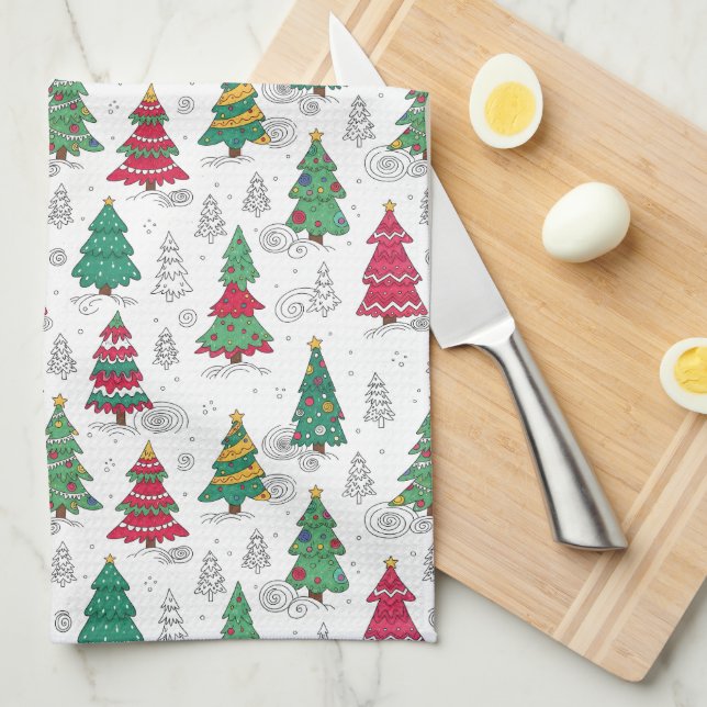 Quirky Whimsical Decorated Christmas Trees Doodles Geschirrtuch (Viertel Falte)