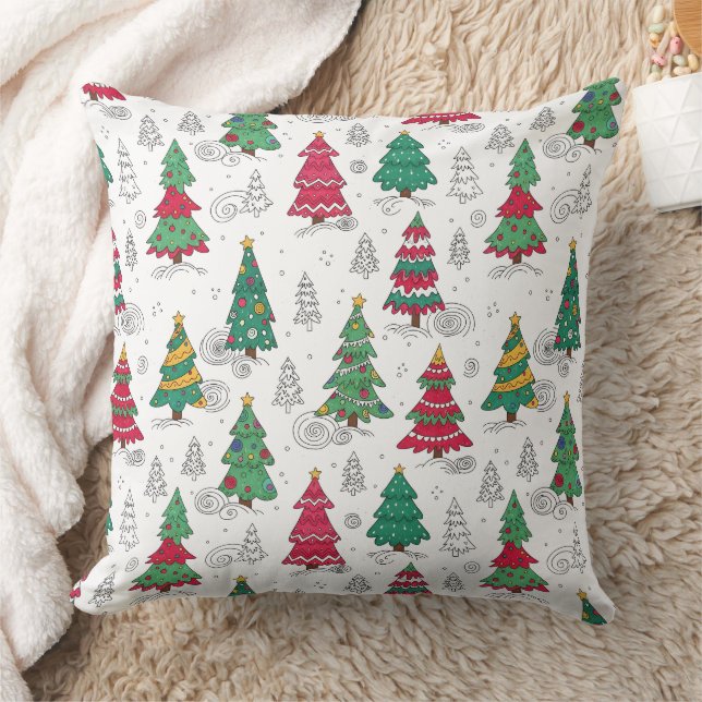Quirky Whimsical Decorated Christmas Trees Doodles Kissen (Decke)