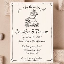 Quirky Whimsical Hand Drawn Cake Doodle Hochzeit Einladung