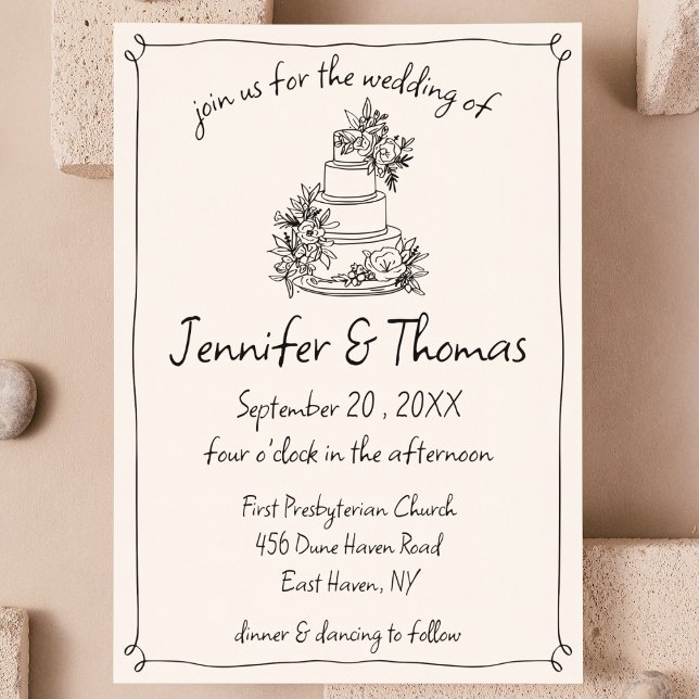 Quirky Whimsical Hand Drawn Cake Doodle Hochzeit Einladung (eclectic quirky hand drawn wedding invitation doodle sketch handwritten unique wedding invite cute)