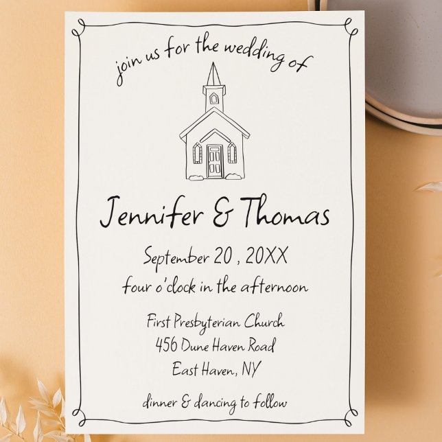 Quirky Whimsical Hand Drawn Church Doodle Wedding Einladung (quirky hand drawn doodle scribble invitation church chapel black and white whimsical wedding invite)